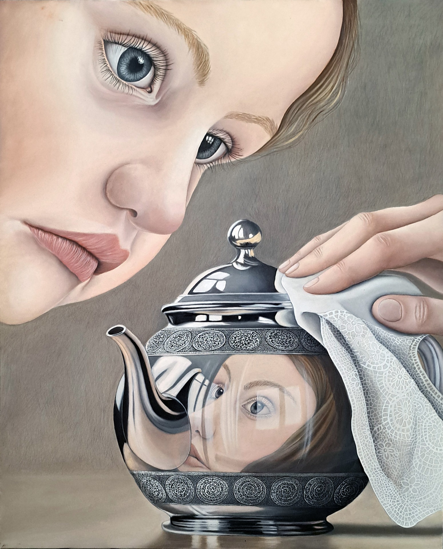 LISA E L'ANTICA TEIERA, olio su tela, cm 80x100, 2025